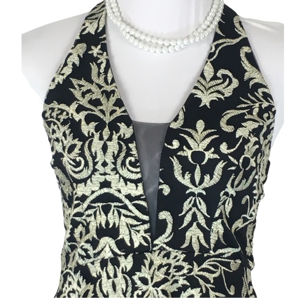 Windsor Halter Black Gold Embroider Open Back Fit n Flare Mini Dress sizE 3 - Picture 4 of 12